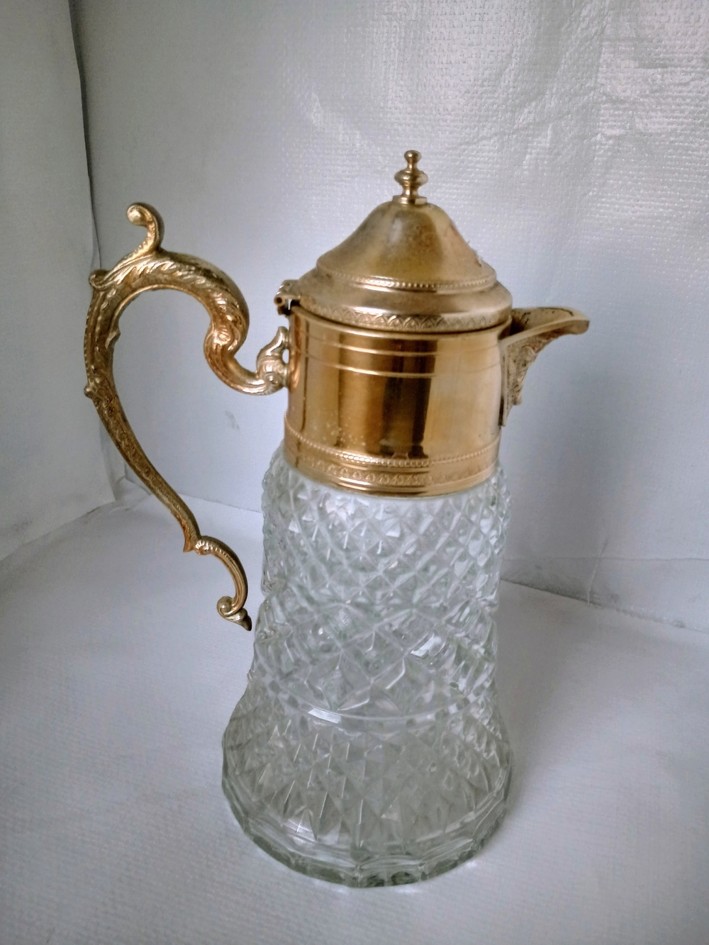 Vintage crystal diamond cut silverplated 11" decanter pitcher